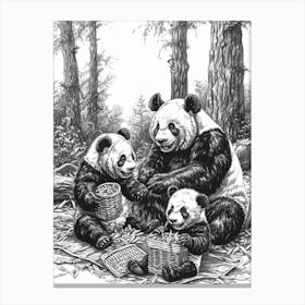 Giant Panda Family Picnicking In The Woods Ink Illustration 4 Canvas Print