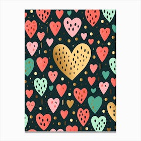 Gold & Coral Heart Dotty Pattern Canvas Print