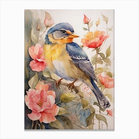 Bluebird With Roses Canvas Print