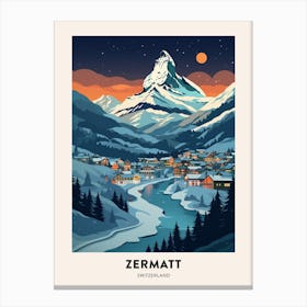 Winter Night  Travel Poster Zermatt Switzerland 3 Canvas Print