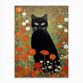 Gustav Klimt Garden, Black Cat With Orange Flowers Canvas Print