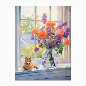 Cat With Azalea Flowers Watercolor Mothers Day Valentines 1 Canvas Print