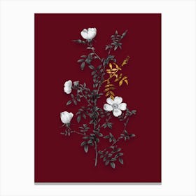 Vintage Hedge Rose Black and White Gold Leaf Floral Art on Burgundy Red Canvas Print