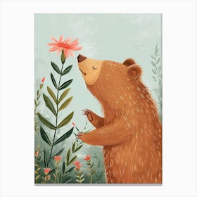 Sloth Bear Sniffing A Flower Storybook Illustration 4 Canvas Print