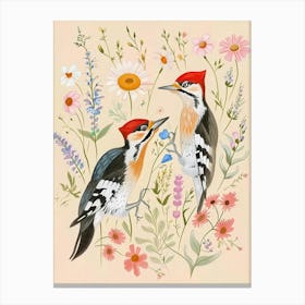 Folksy Floral Animal Drawing Woodpecker Canvas Print