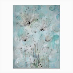 Nature's Ballet: Dandelion Seeds Dancing in a Soft Blue Light Canvas Print