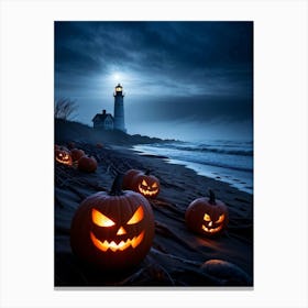 Jack O Lanterns Emanating Ethereal Glow Arrayed On A Shadowy Beach Misty Coastal Backdrop Myster (5) Canvas Print