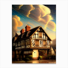 Village House Cottage Medieval Timber Tudor Split Timber Frame Architecture Town Twilight Chimney Canvas Print