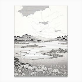 Shiretoko Peninsula In Hokkaido, Ukiyo E Black And White Line Art Drawing 2 Canvas Print