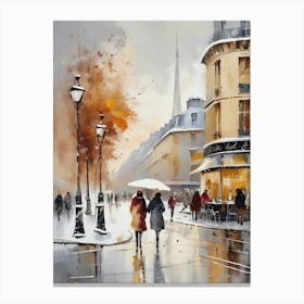 Paris cafes, winter season, Christmas, autumn oil colors, pale colors, pedestrians in the street, winter clothes, falling snow.Christmas decorations.15 1 Canvas Print