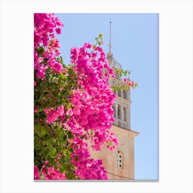 Greek Church Behind Pink Bougainvillea Flowers Canvas Print