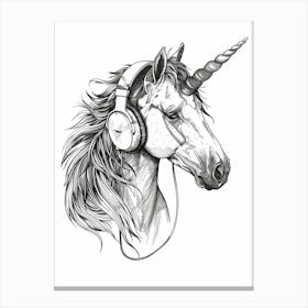 A Unicorn Listening To Music With Headphones Black & White 2 Canvas Print