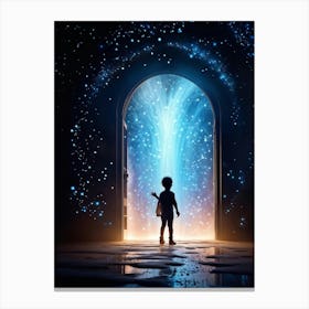 Silhouette Of A Whimsical Child Figure Partways Emerging From A Swirling Portal Polychrome Particl 2 Canvas Print