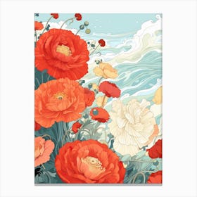 Great Wave With Ranunculus Flower Drawing In The Style Of Ukiyo E 1 Canvas Print