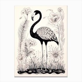 B&W Bird Linocut Flamingo 1 Canvas Print