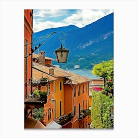 View Of Lake Como From Colorful Upper Street In Bellagio Italy Canvas Print