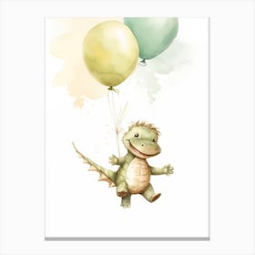 Baby Alligator Flying With Ballons, Watercolour Nursery Art 3 Canvas Print