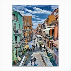 Vibrant Italian Alleyway. A lively, colorful street scene of a traditional Italian alleyway, capturing the charm of pastel-colored buildings, balconies adorned with plants, and a bustling atmosphere under a bright blue sky. The narrow street is filled with people strolling, giving a sense of warmth and community. Canvas Print