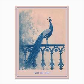 Cyanotype Inspired Peacock Resting On A Handrail 1 Poster Canvas Print