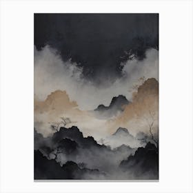 a foggy landscape with trees and clouds Canvas Print