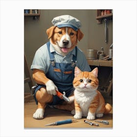 Cat And A Dog Mechanic Pet lovers Canvas Print