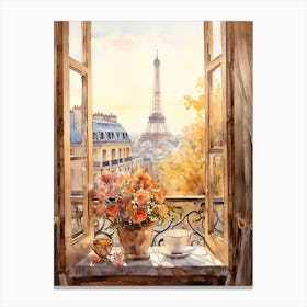 Window View Of Paris France In Autumn Fall, Watercolour 3 Canvas Print