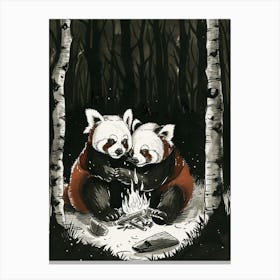 Red Pandas Sitting Together By A Campfire Ink Illustration 4 Canvas Print