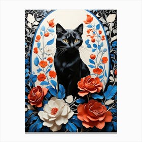 Black Cat With Roses 1 Canvas Print