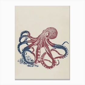 Red & Blue Simple Linocut Style Octopus 5 Canvas Print