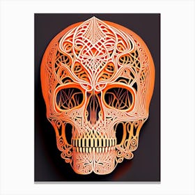 Skull With Intricate Linework Orange Line Drawing Canvas Print