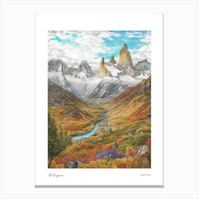 Patagonia Argentina Pencil Sketch 2 Watercolour Travel Poster Canvas Print