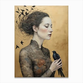 Woman Portrait With A Bird Painting (19) Canvas Print