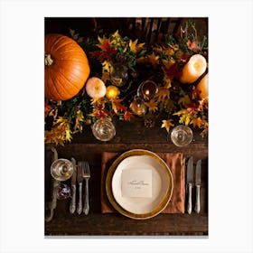 Autumnal Thanksgiving Table Setting Centering An Organic Pumpkin Surrounded By A Bounty Of Golden (6) Canvas Print