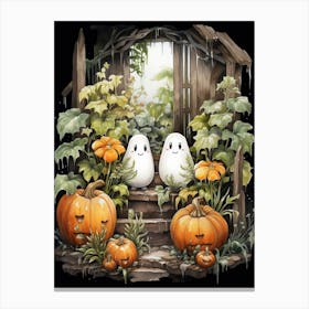 Cute Bedsheet Ghost, Botanical Halloween Watercolour 30 Canvas Print