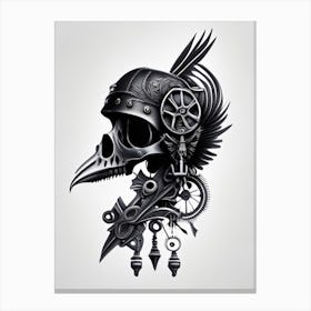 Skull With Bird Motifs 1 Black And White Stream Punk Canvas Print