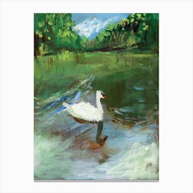 Swan On A Lake - painting nature landscape bird white green impressiniosm Anton Maliar vertical living room Canvas Print