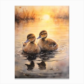 Ducks Swimming In The Lake At Sunset Watercolour 1 Canvas Print