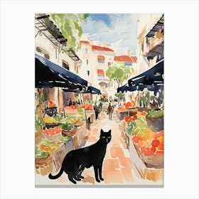 Food Market With Cats In Mallorca 1 Watercolour Canvas Print