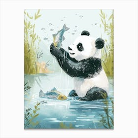 Giant Panda Catching Fish In A Tranquil Lake Storybook Illustration 2 Canvas Print