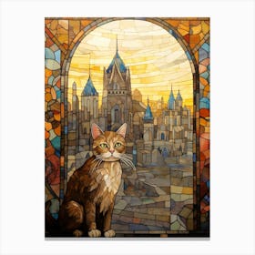 Stained Glass Of Cat In Front Of Medieval City Skyline Canvas Print