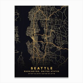 Seattle Washington USA Black And Gold Map Canvas Print