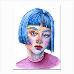 Watercolor portrait of a blue haired girl Canvas Print