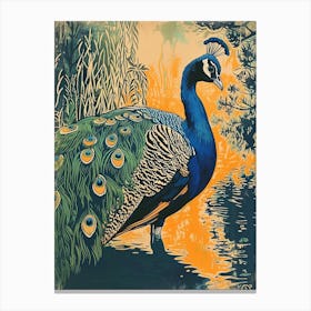 Blue Mustard Peacock & The Water Linocut Inspired 2 Canvas Print