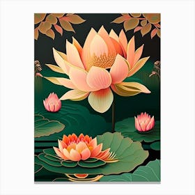 Blooming Lotus Flower In Lake Retro Illustration 4 Canvas Print