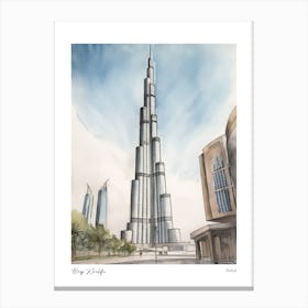 Burj Khalifa Dubai 1 Watercolour Travel Poster Canvas Print
