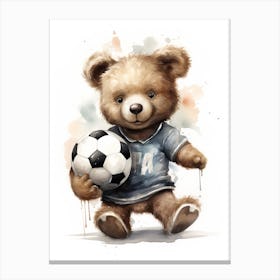 Teddy Bear Painting Watercolour Playing Football Soccer 2 Canvas Print