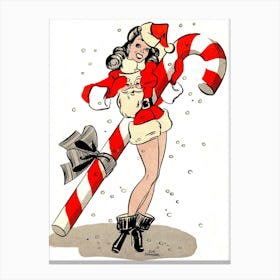 Pinup Girl In Santa Costume And A Big Candy Stick Canvas Print