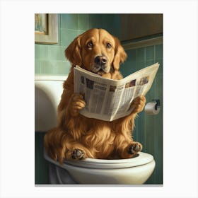 Golden Retriever Dog Sitting On An Open Toilet, Reading A Newspaper Canvas Print