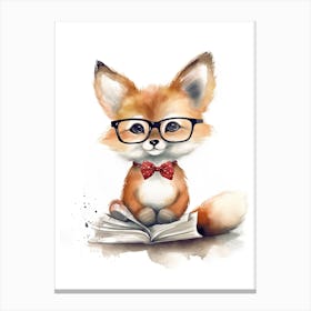 Smart Baby Fox Wearing Glasses Watercolour Illustration 1 Canvas Print