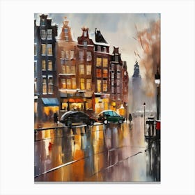 Amsterdam cafes, winter season, winter oil colors, pedestrians in the street, winter clothes, rain falling, Amsterdam print, Netherlands print, travel gift, Netherlands poster.70 Canvas Print